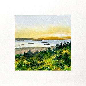 8x8 Maine Original Oil Painting Cadillac Sunrise Acadia New England Ocean Signed